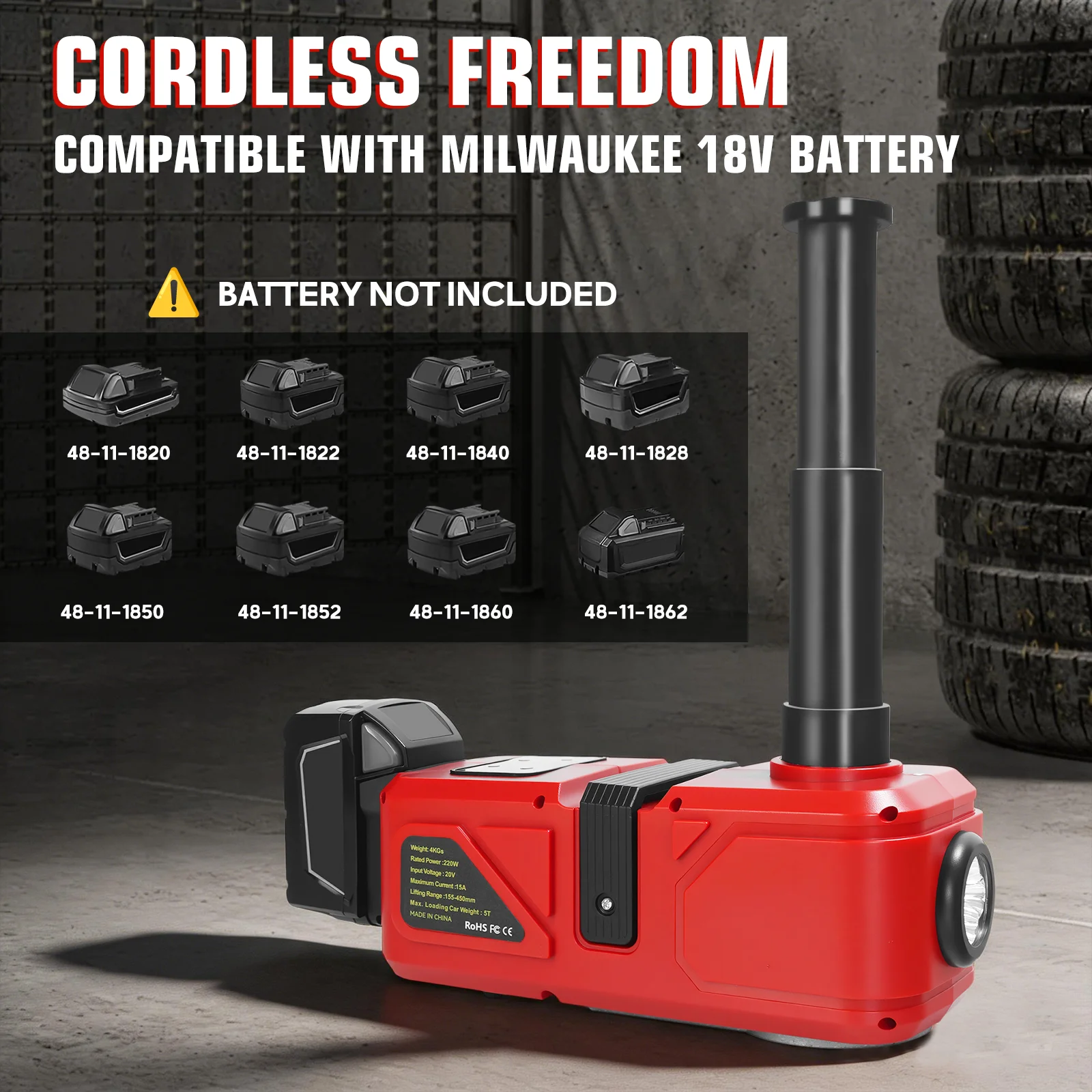 220W Electric Car Jack 5 Ton Hydraulic Jack Car Lift Floor Jack with LED Light & Remote Control for Milwaukee 18V Battery Pin