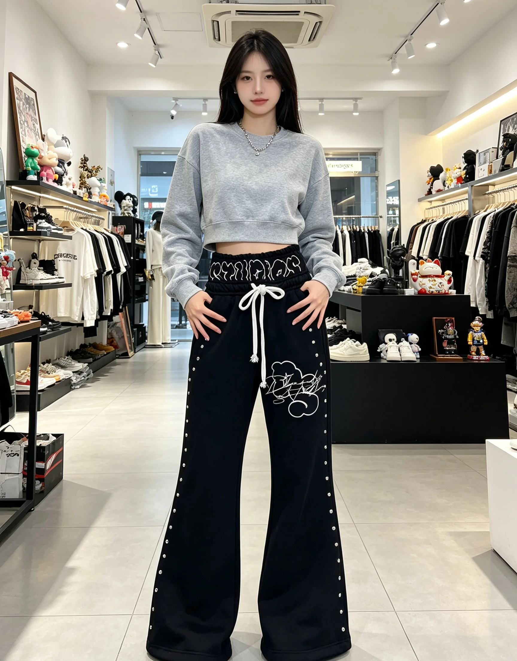 Y2K Double Waist Flared Sweatpants Women Rivet Side Strap Letter Print Drawstring Bootcut Pants Alt Grunge Streetwear Casual Tro