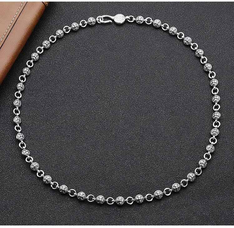 S925 Sterling Silver Cross Ball Necklace for Men's Dominant Hundred Pairs Chain for Women's Fashion Trend Retro Old Accessories