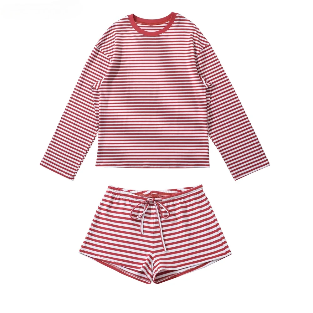 

2 pieces 1 set 2025 Holiday Red with White Stripes Knitted Cotton Long Sleeve Loose Tee + Bow Drawstring Waist Mini Shorts Suits