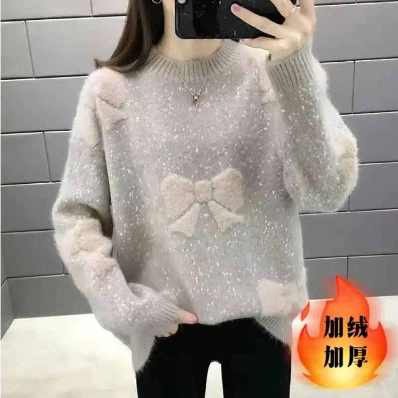 Hot 2026Women Autumnwinter New Loose Plus Size Semi High Neck Sweater Tops Thickened Warm Design Butterfly Bow Base Knit Sweater