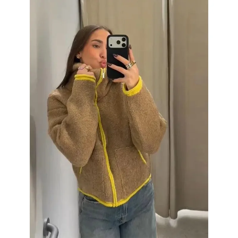 

Short jacket, high neck, color blocked zipper jacket, winter casual oversized Sherpa jacket, fashionable set