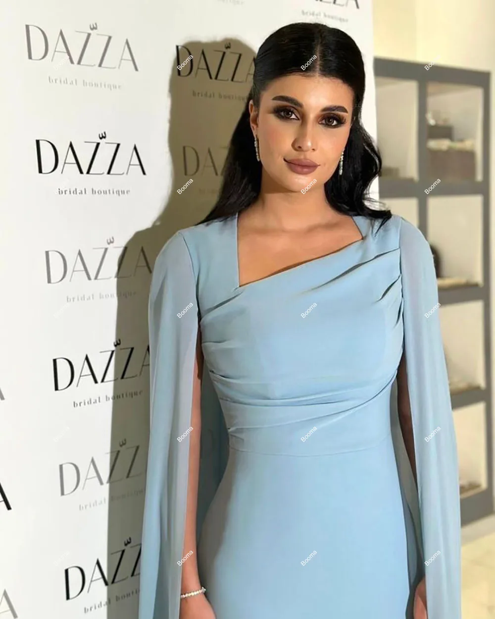 Booma Light Blue Generous Straight Evening Dresses for Women Cape Formal Occasion Gowns Saudi Arabic Party Prom Dresses Dubai