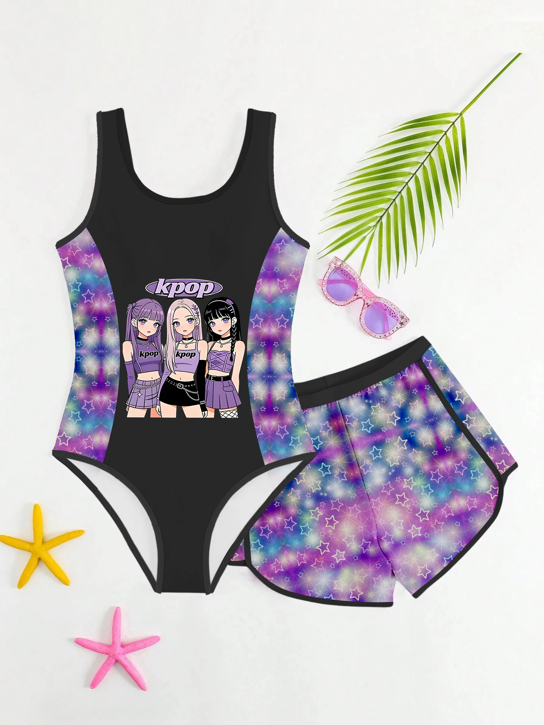 Sweet & Cool Girls' Swimsuit with Cartoon Prints + Gradient All-over Printed Shorts, 2-Piece Set for Water Park & Vacation, Mult
