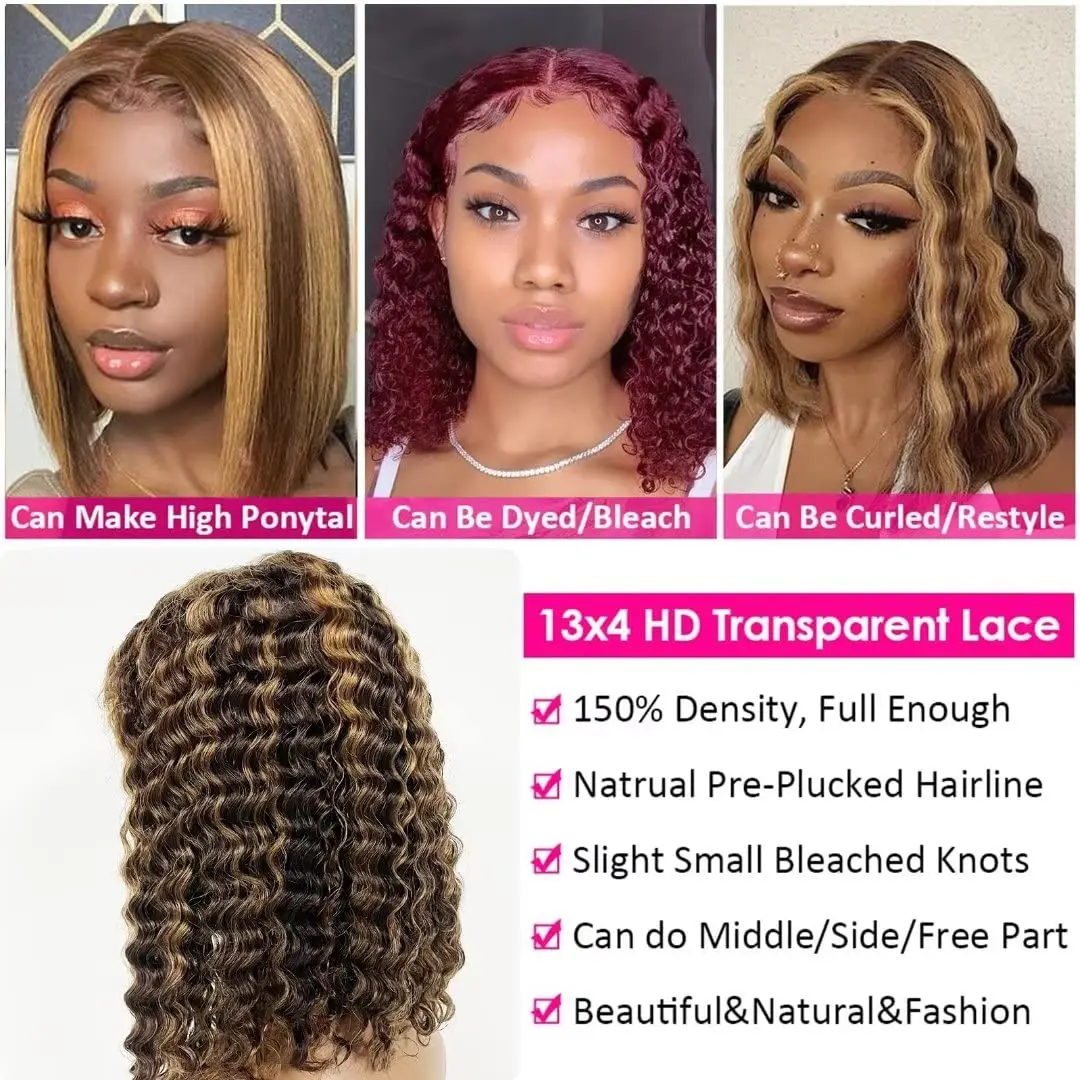 Highlight P4/27 Color Brazilian Remy Hair Short Bob Wigs Ombre Human Hair Wigs Deep Wave Bob Wigs 13X4 Lace Front Wigs For Women