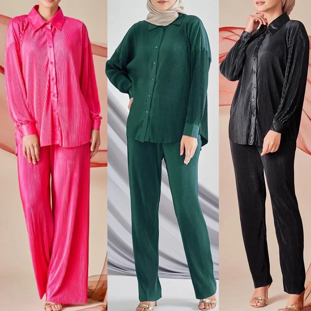 

Ramadan Muslim Women Pleated Long Sleeve Tops Pants Set Button Shirt Blouse Trousers Eid Outfits Femme Musulmane Ensembles Suit