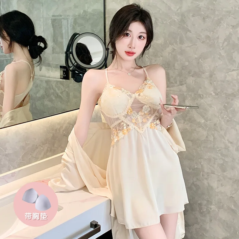 

Lace Women Bathrobe Gown Suit Summer 2PCS Sleepwear Robe Set Suspender Nightgown Silky Satin Kimono Nightdress Loungewear