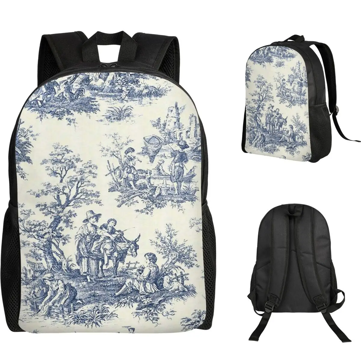 

Powder Blue French Toile Picnic Design Student Backpack School Bag Hiking Travel Daypack for Boys Girls Bookbag Shoulder Bags