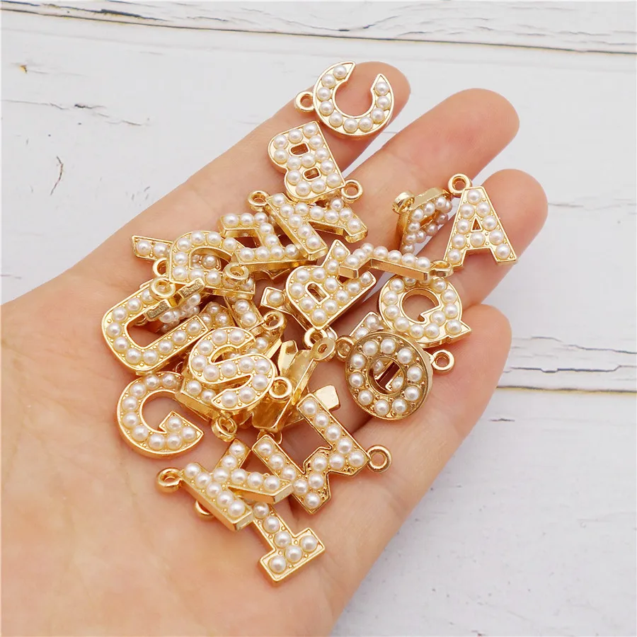 10-26PCS Alphabet Charms With Plastic Pearl Alloy Gold Color English Letter Pendant Necklace Bracelet Jewelry Accessory image 3