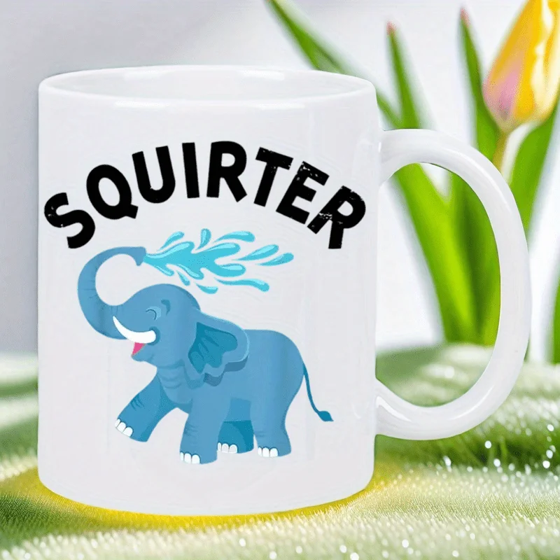 

Cute Elephant Squirter Ceramic Mug - Playful "SQUIRTER" Water Spray Design, White Coffee Cup with Blue Elephant Art