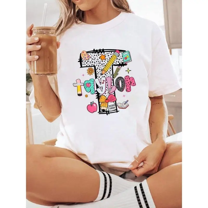 

Cute Teacher T-Shirt, Big Letter T School Education Graphic Tee, Unisex Apple Pencil Book Classroom Appreciation Gift Top