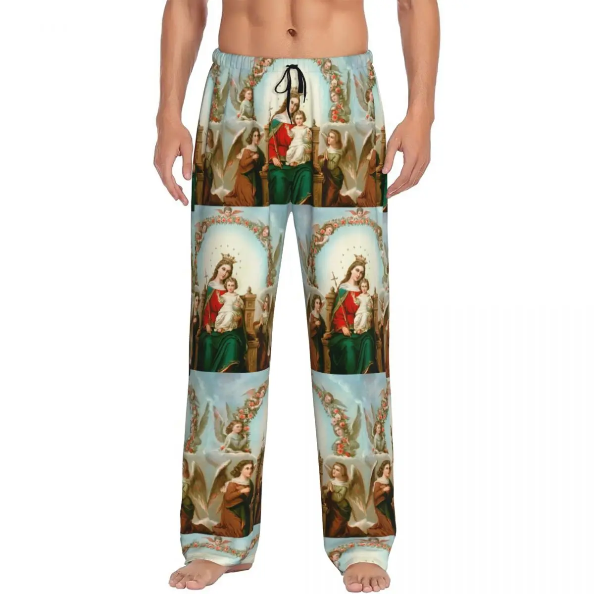 Custom Men Virgin Mary Pajama Pants Print Catholic Christian Sleep Sleepwear Bottoms with Pockets