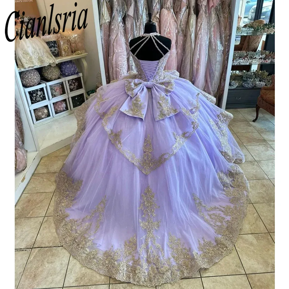 فساتين ليلك Quinceanera رقبة رسن ذهبية مزينة بالخرز كريستال سباركلي Vestidos De 15 Años مشد