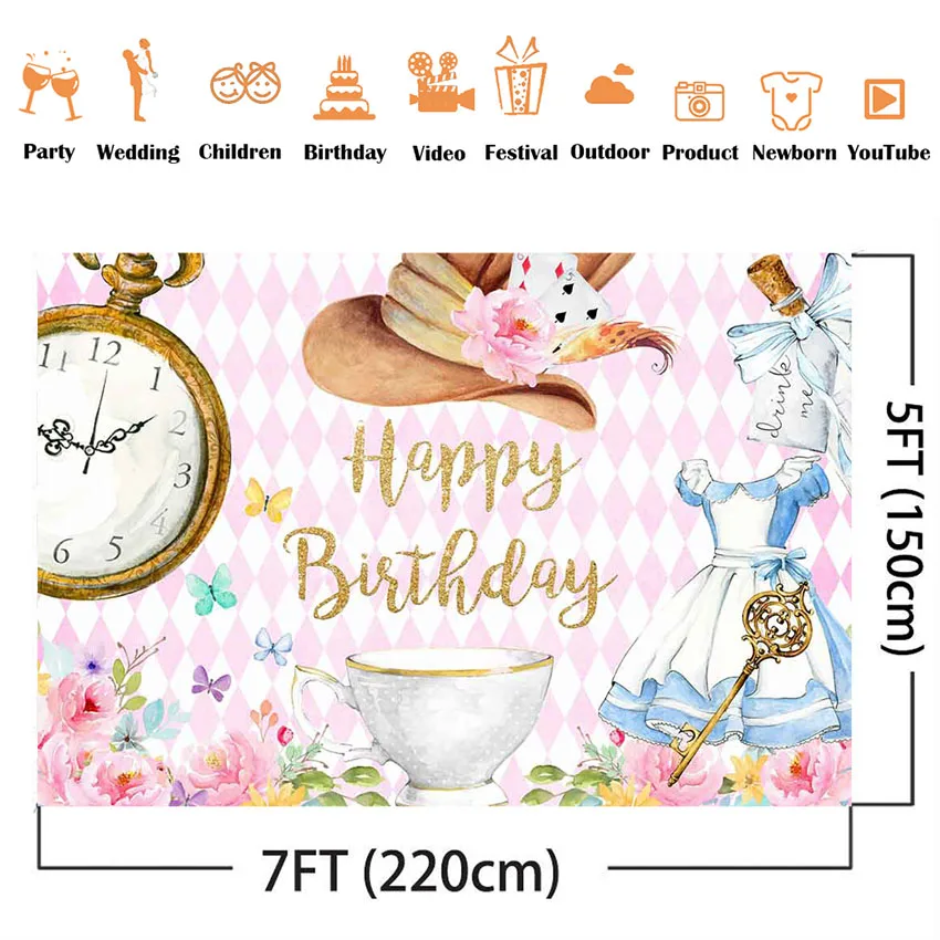 Woodland Tea Party Birthday Backdrop Fantasy Time pocket watch floral backdrop for Photography studio Alice Theme Decoration