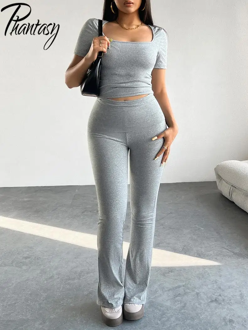 Phantasy Y2K Women\'s Two-Piece Set Pants Suits Grey Yoga Fitness Trousers Fashion Casual Tops Slim Streetwear Summer Outfit