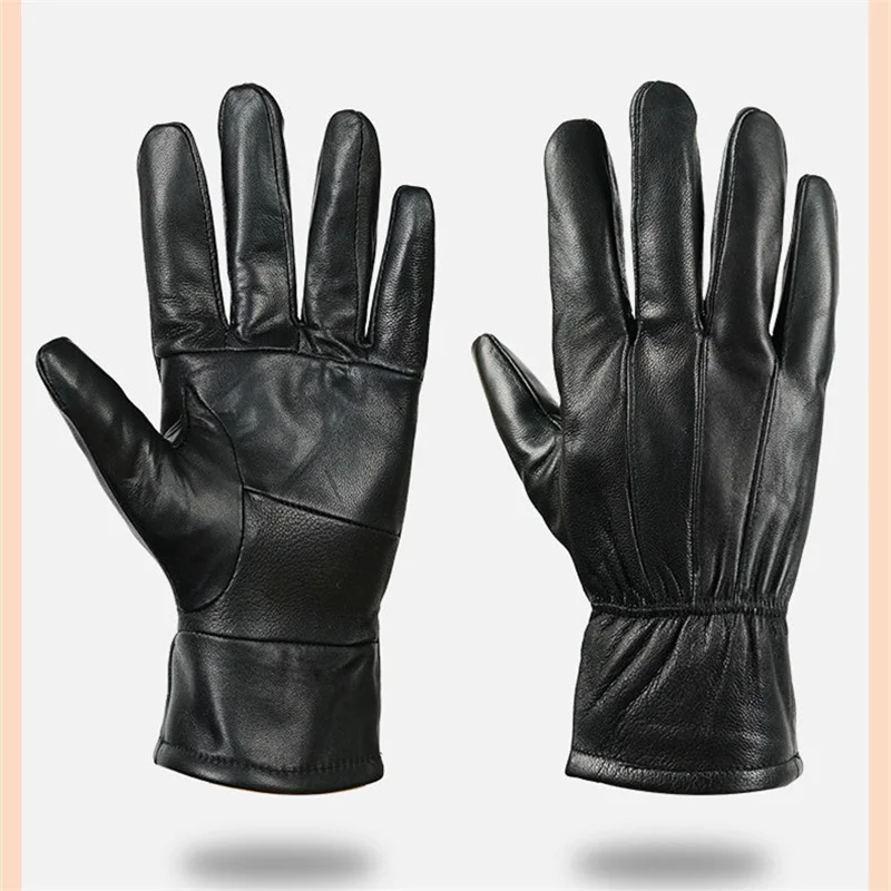 Winter Sheepskin Leather Gloves Men Warm Black Real Leather Gloves with Velvet Lining Driving Cycling Running Ski Gloves