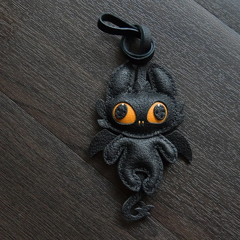 Handmade Leather Cute Dragon Bag Charm KeyChain KeyRing