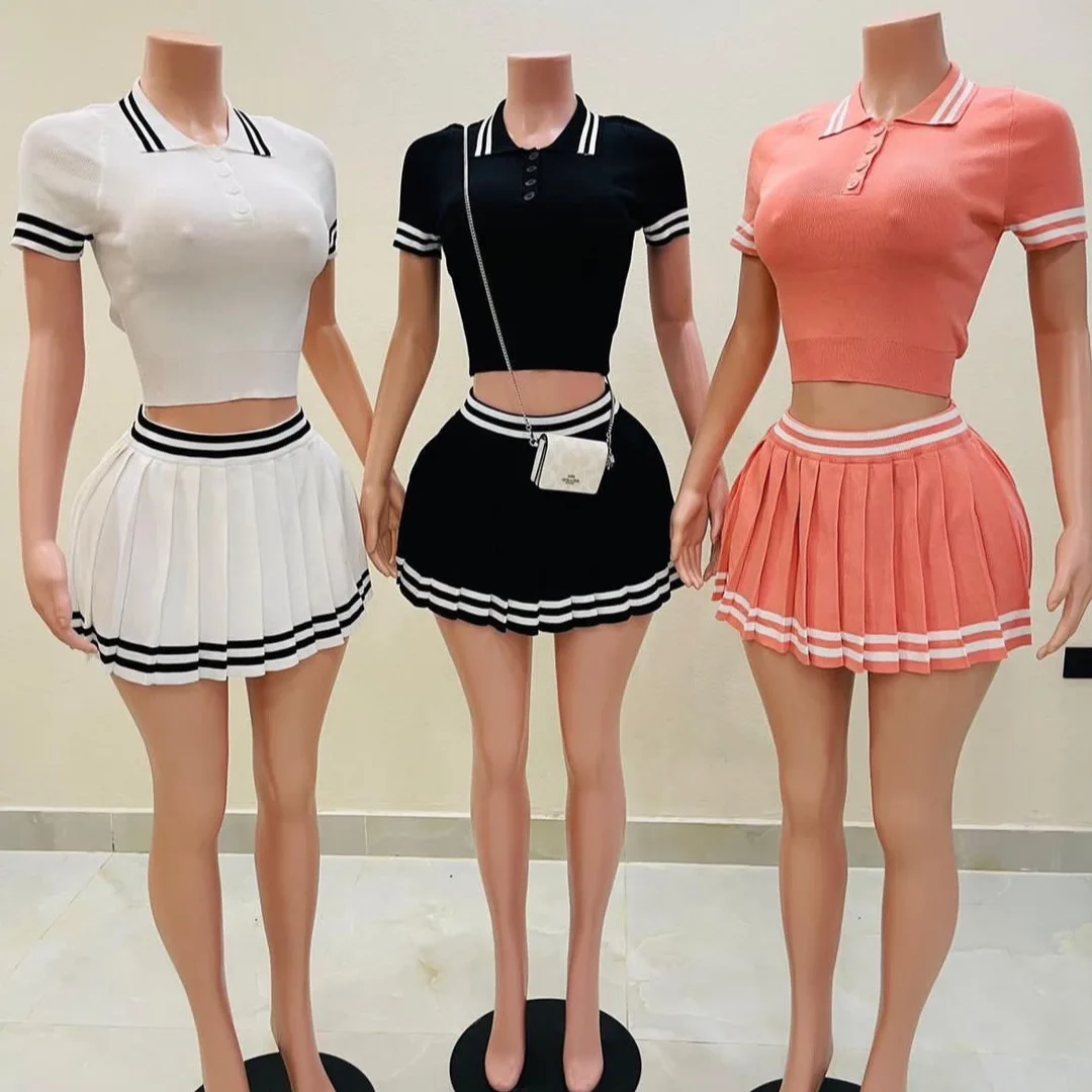 Summer Crop Tops Knitted 2 Piece Pleated Dress Set Women Y2K Streetwear Sexy Cute Crochet Dress Two Piece Set Skirts Outfits