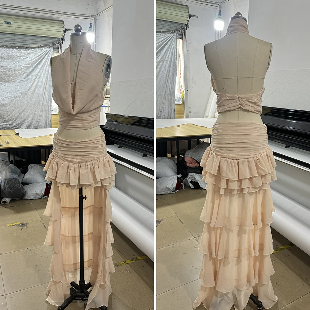 Dames 2-delige roksets Drape nek Halter Backless Crop Tank Top Flowy Ruffle Layer Maxi Rokken Vakantie Uitgaan Outfits