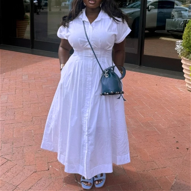 

White Long Dress Women Dresses A Line Vestidos Y2k Streetwear Turn Down Collar Short Sleeve Elegant High Waist Party Night Work