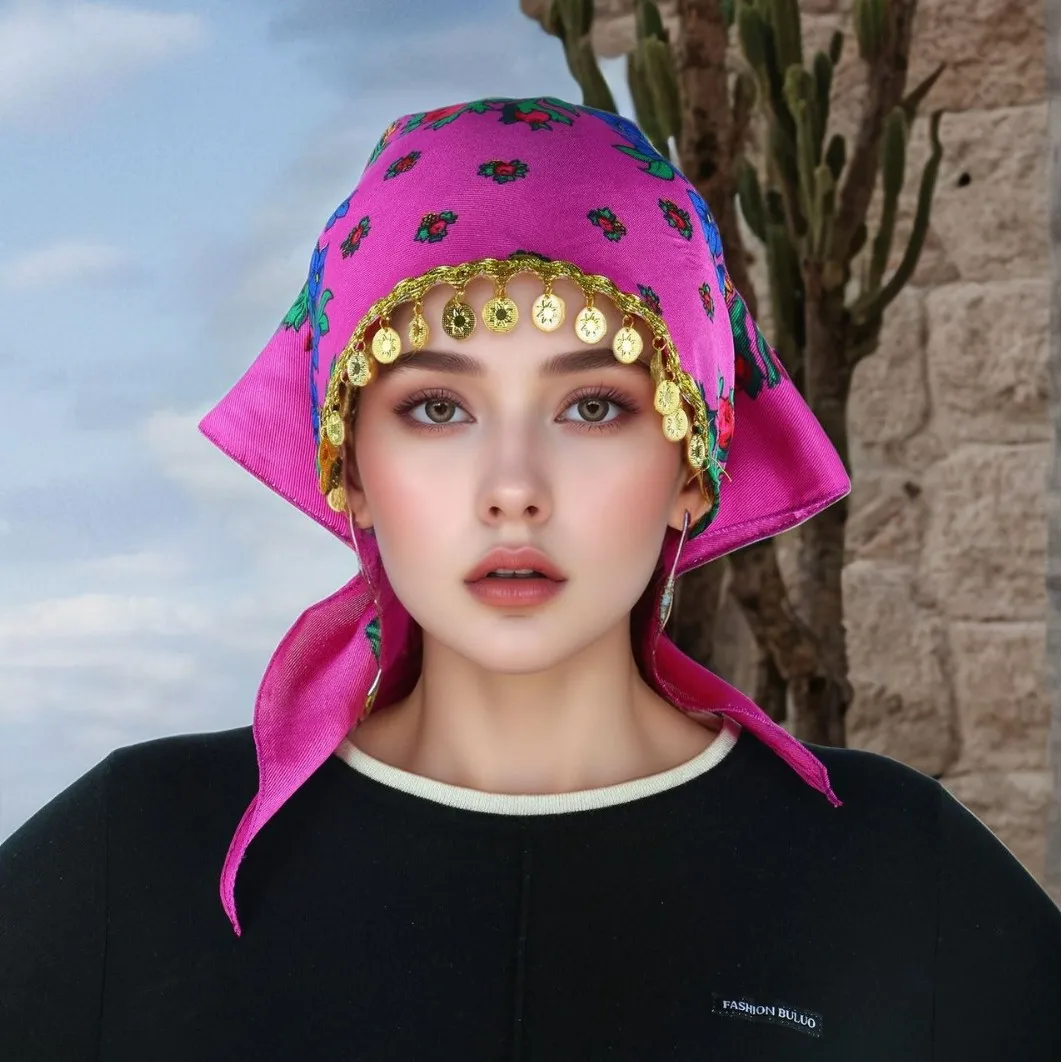 Nuevo Pañuelo triangular árabe de alta sensación con diseño de lentejuelas doradas con estampado de peonías de estilo étnico para mujer