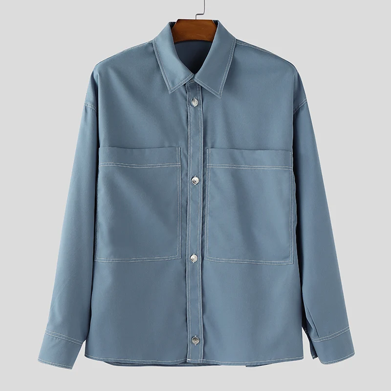 

INCERUN Мужская рубашка в стиле пэчворк с лацканами и длинными рукавами на пуговицах, свободная мужская одежда, уличная одежда, 2025 карманов, модные повседневные топы, мужские рубашки