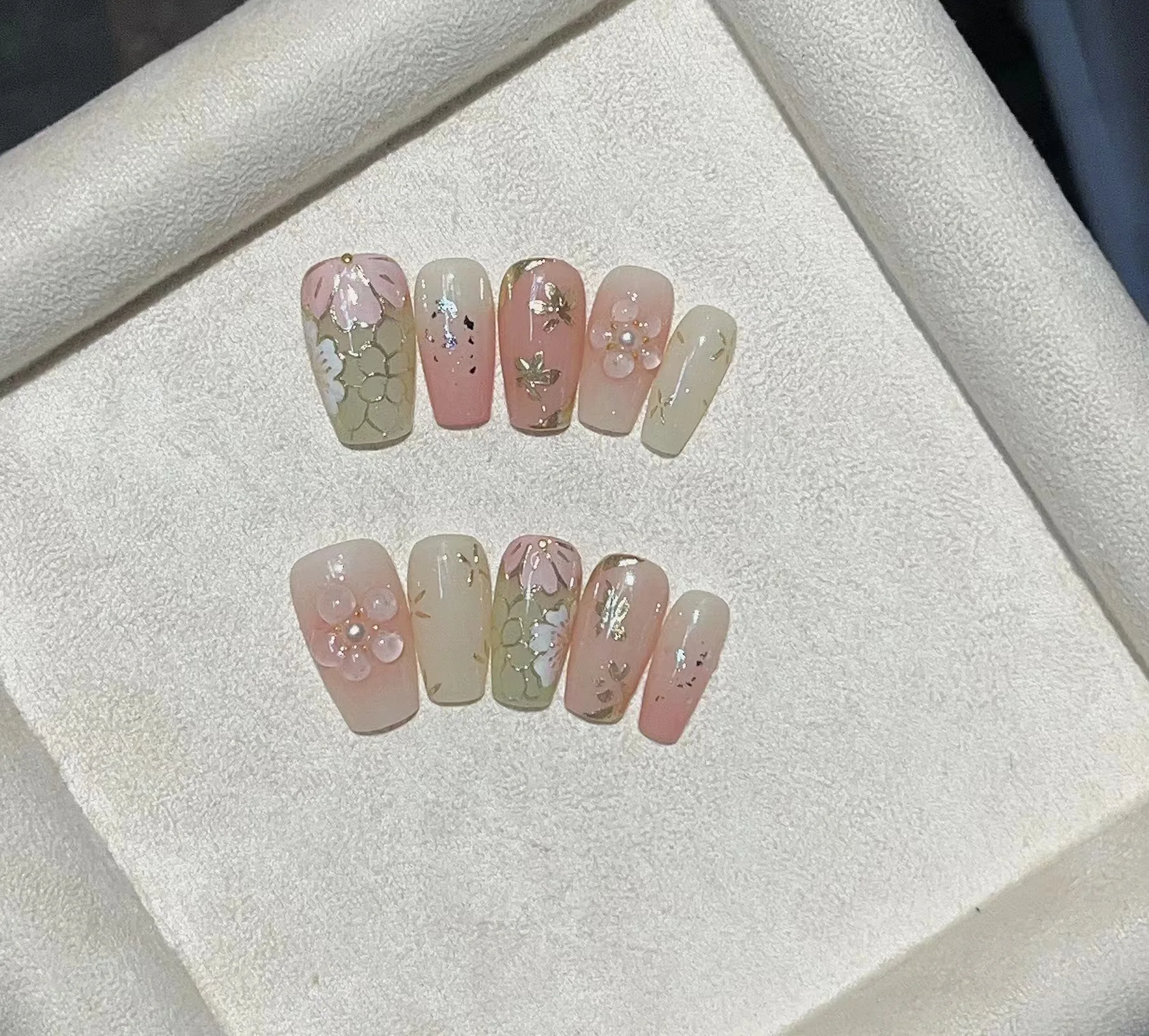 Faux ongles en acrylique faits à la main avec diamant brillant, nail art Everisonne, doux, ballerine, floral mignon, rose, blush, pointe, N64, 3D, 10 pièces