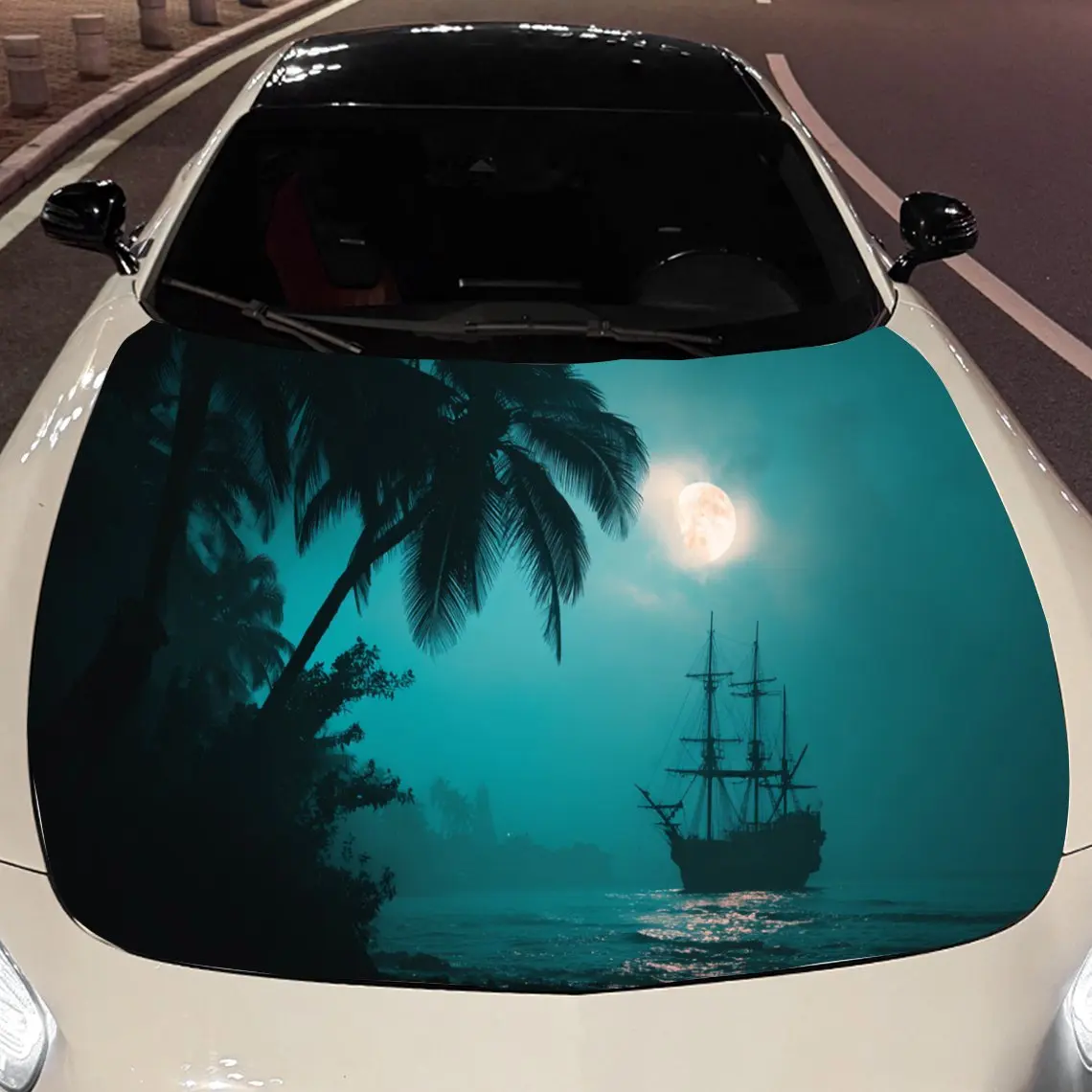 A sailboat navigating the moonlit sea Car Hood Vinyl Stickers Car Surface Protection Decal Car Decoration Cover Vinyl Wraps Wate