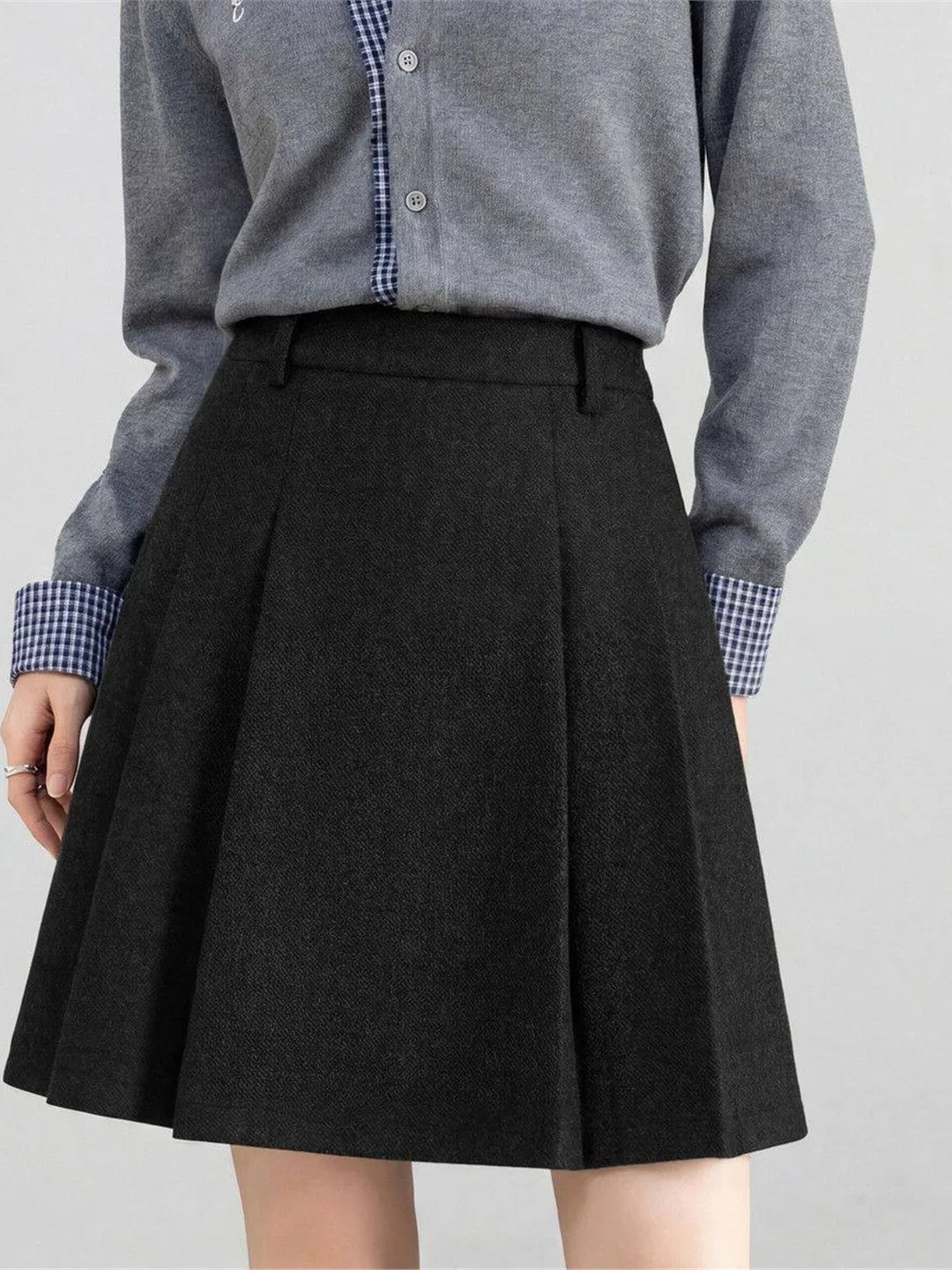 High Waist A-Line  Skirt Woolen Pleated Short Skirt Slimming Korean Style Commute Polyester Fiber Standard Fit Spring