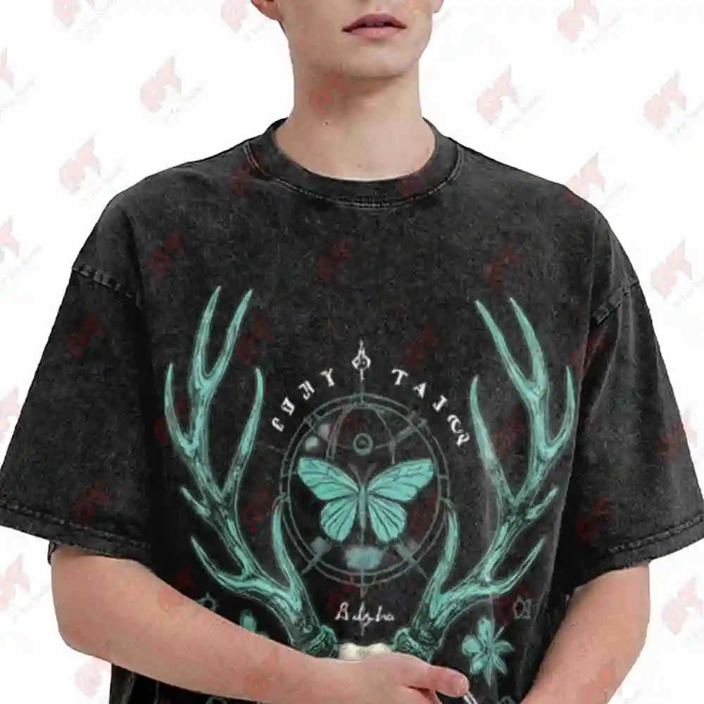 Deer Skull All Seeing Eye Crescent Moon Occult Vintage Washed Tee Pure Cotton T-Shirt