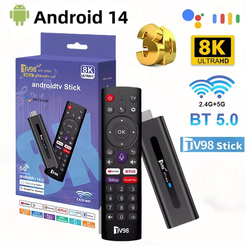 TV98 ATV Mini TV Stick Android 14 TV Stick HDR Set Top Box 8K Video WiFi 2.4/5G Streaming Smart TV Box per lettore multimediale di rete