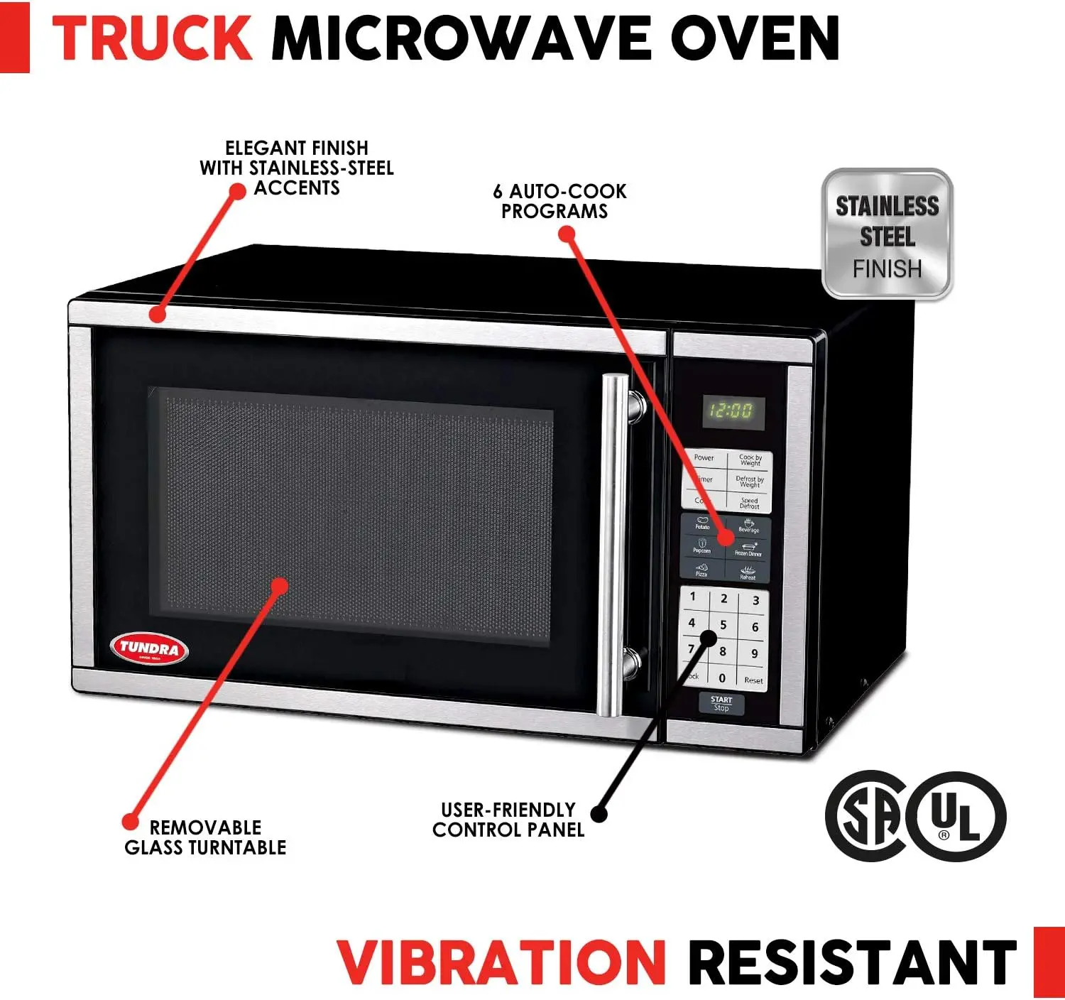 Horno microondas para camión serie TUNDRA MW, horno de encimera para camión RV duradero de 120V con capacidad de 20L/0,7 pies, 6 programas de cocción automática