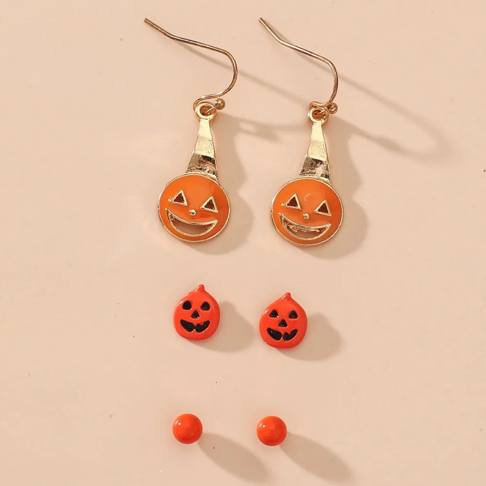 3pcs Set Cartoon Cute Orange Drip Glaze Pumpkin Face Pendant Stud Earrings for Women Halloween Witch Bat Spider Jewelry Sets view 5