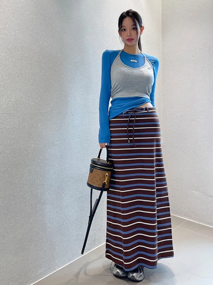 

Осенняя модная вязаная юбка с высокой талией для женщин, в полоску, с завязками, облегающая, для повседневной носки, весна-осень-зима