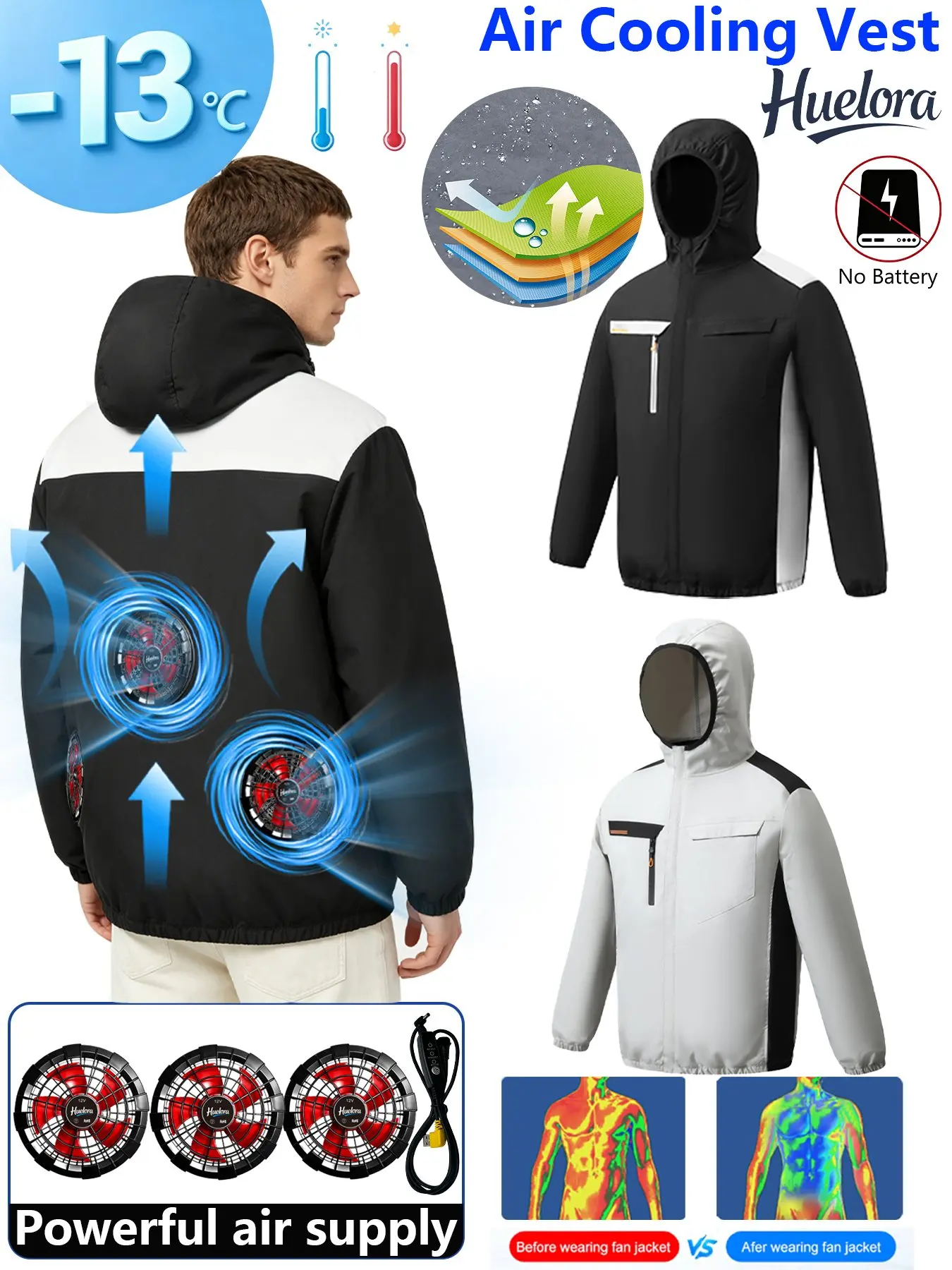 3 Fans Hooded Contrast Air Cooling Jacket Men Long Sleeve USB Summer Work Coat Outdoor Fishing Cooling Jacket