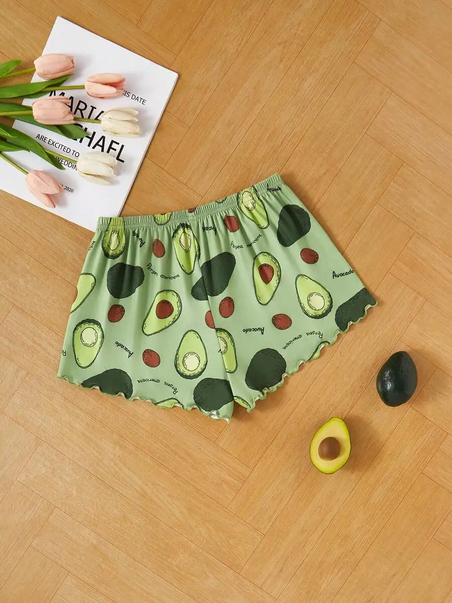 Avocado Print Ruffled Edge Casual Shorts For Women