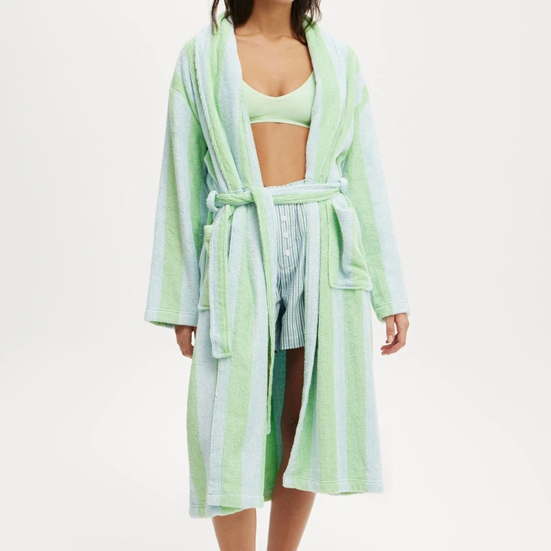 رداء Maemukilabe نسائي مخطط شال رداء نوم من الصوف القطيفة مع حزام وأكمام طويلة رداء حمام جرافيك مع جيوب #4