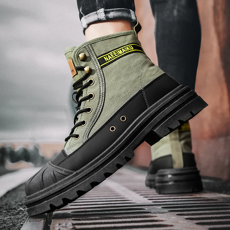 Men\'s boots four seasons high-top casual boots canvas boots soft-soled non-slip thick-soled outdoor boots fashion tooling boots