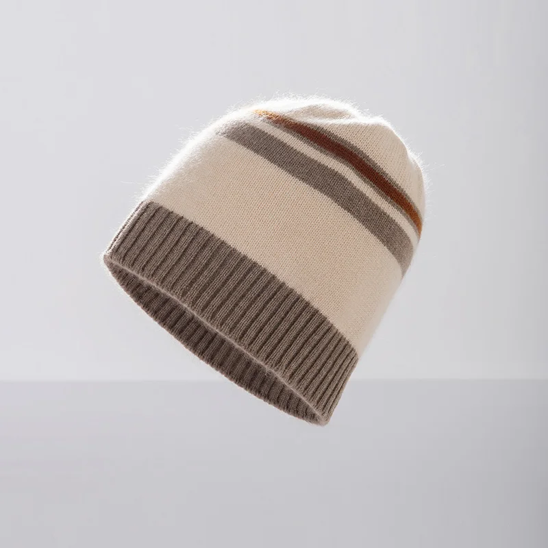 100% Cashmere Hat For Men And Women Warm And Ear-Protecting Knitted Hat For Autumn And Winter Striped Color-Blocking Wool Hat
