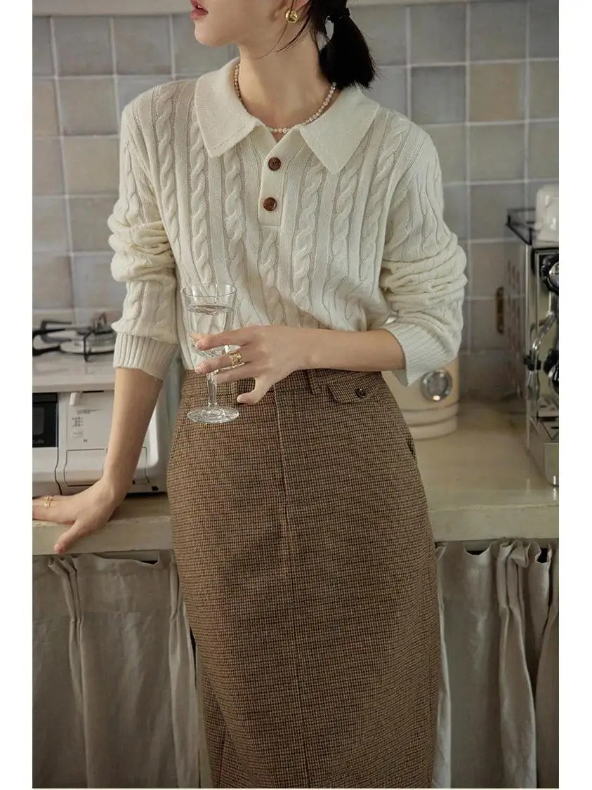 

Ретро-свитер с воротником-стойкой и узором косы, женский, осенне-зимний, мягкий, шерстяной, вязаный, базовый топ, повседневный, для работы, свободный крой