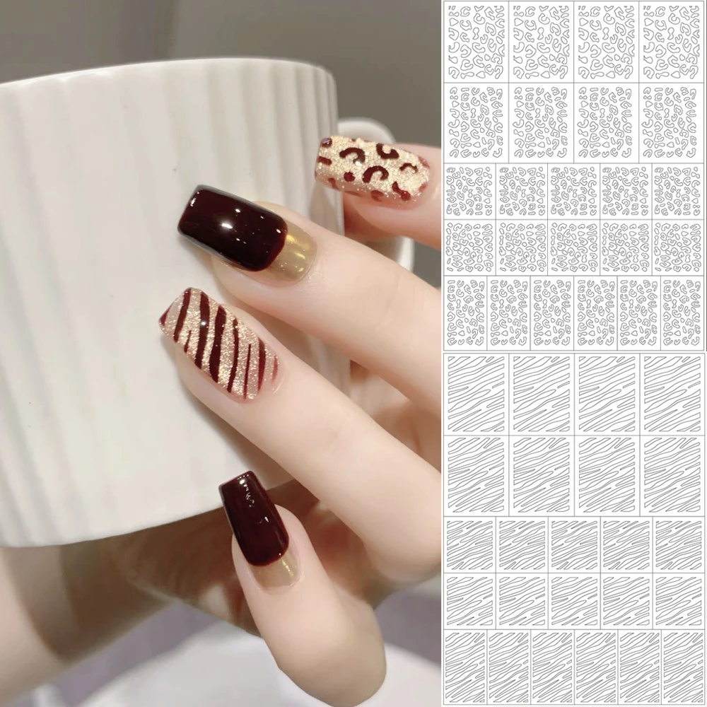 6 Stück wiederverwendbare, ausgehöhlte Gitterstreifen-Nagelkunst-Aufkleber, selbstklebende Linien, Leopardenmuster, Vorlage, Schablone, Abziehbilder, Dekoration