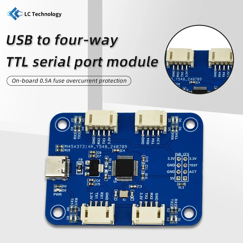 CH344Q USB to Four TTL Serial Port Module, Four UART Serial Ports, Multiple Serial Port Expansion Module