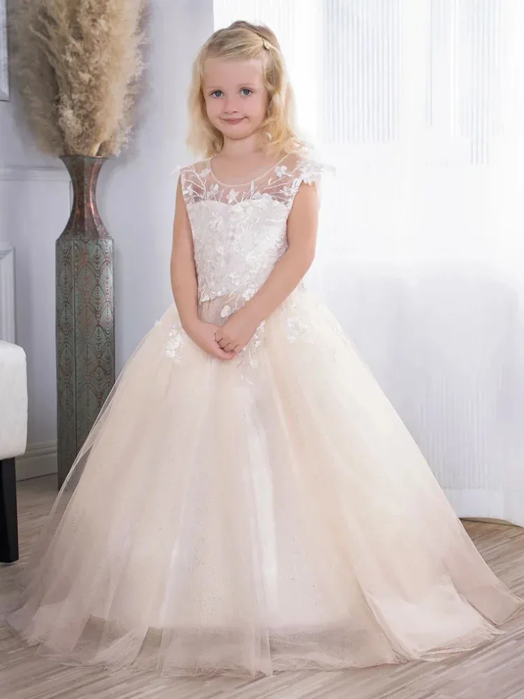 Ivory tulle appliques Flower Girl dress Can custom size color elegant kids formal occasion dress wedding birthday prom New gown