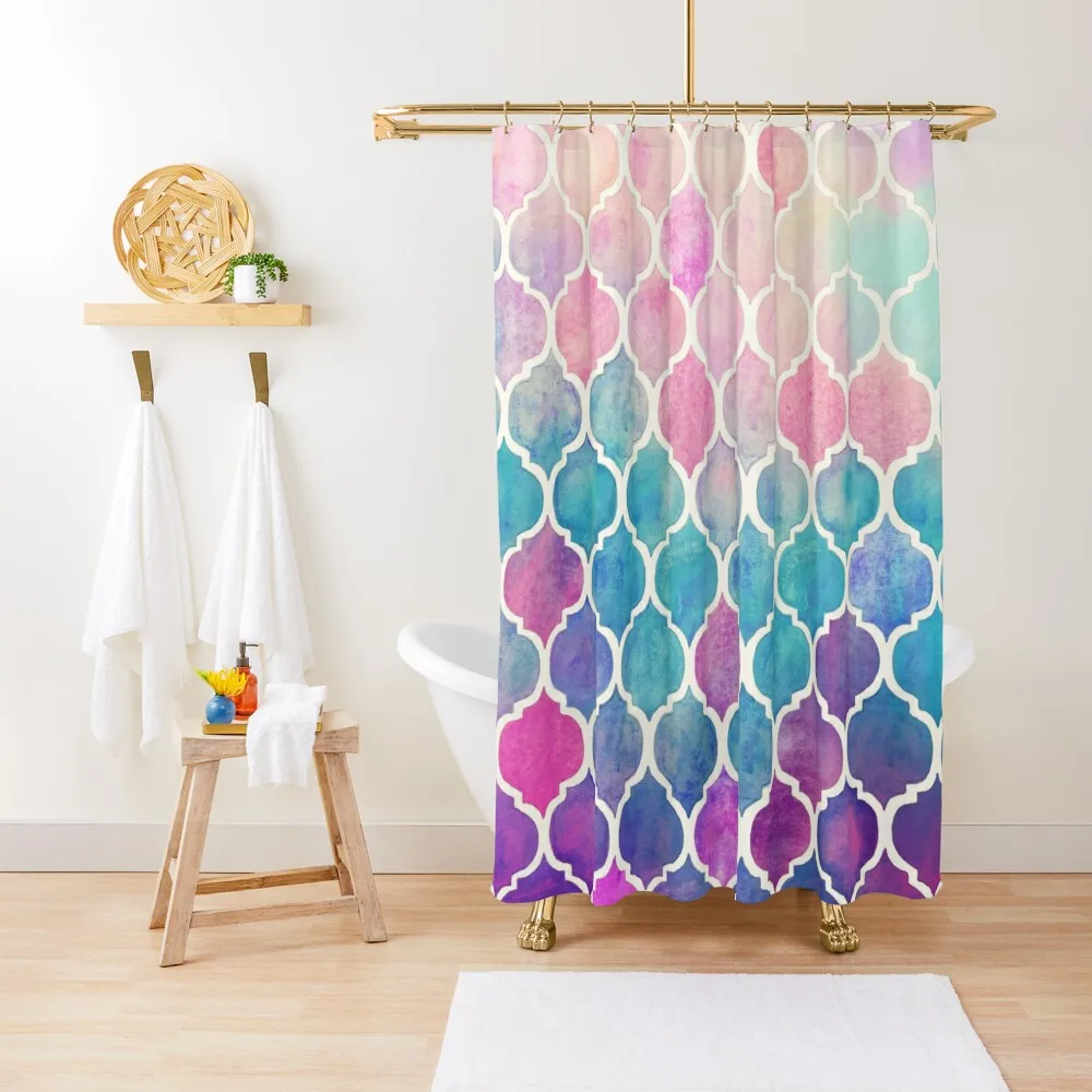 

Rainbow Pastel Watercolor Moroccan Pattern Shower Curtain Washable Waterproof Fabric Shower Shower Sets For Bathroom Curtain