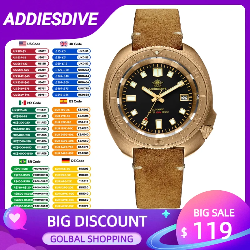 ADDIESDIVE CUSN8 caja de bronce reloj mecánico automático NH35A zafiro 20Bar reloj de pulsera de buceo relojes luminosos de cuero Vintage