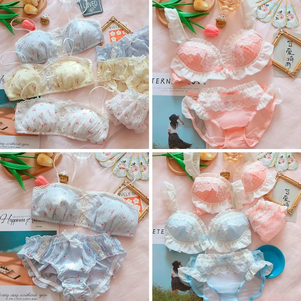 

Floral Lace Bralette & Panty Set, Plaid Mesh Underwear Non-Padded Wirefree Comfort (Characters: 68)