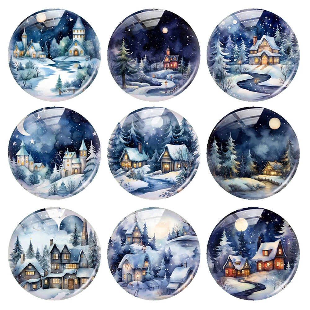 Handmade Christmas Winter Night Wild Moon Photo Glass Cabochon Charms Demo Flat Back Cameo For Diy Jewelry Making Accessories