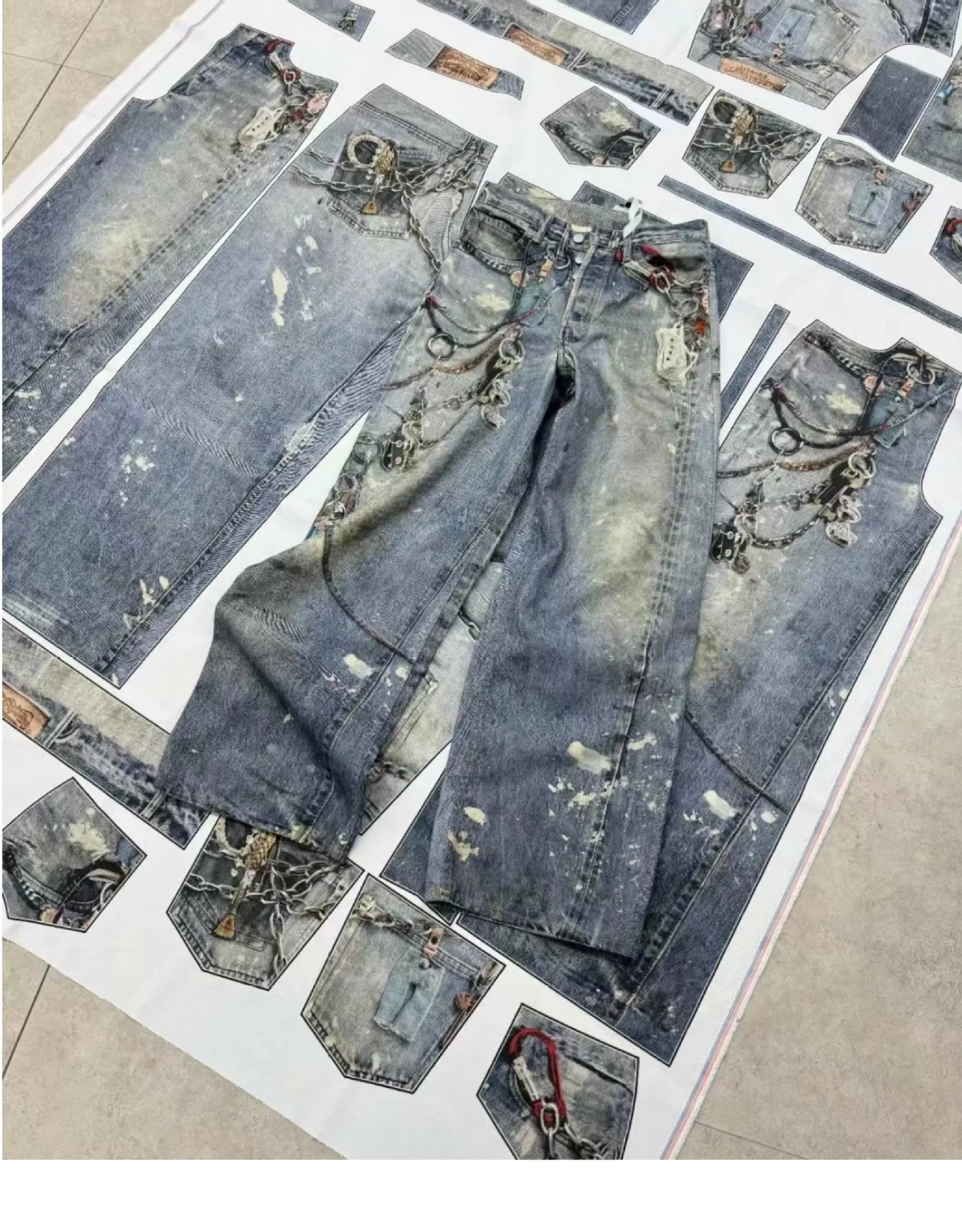 

Уличные джинсы с 3D принтом Candy Chain, потертые джинсы, мешковатые модные шаровары с изогнутыми лезвиями, мужские брюки Y2k с широкими штанинами