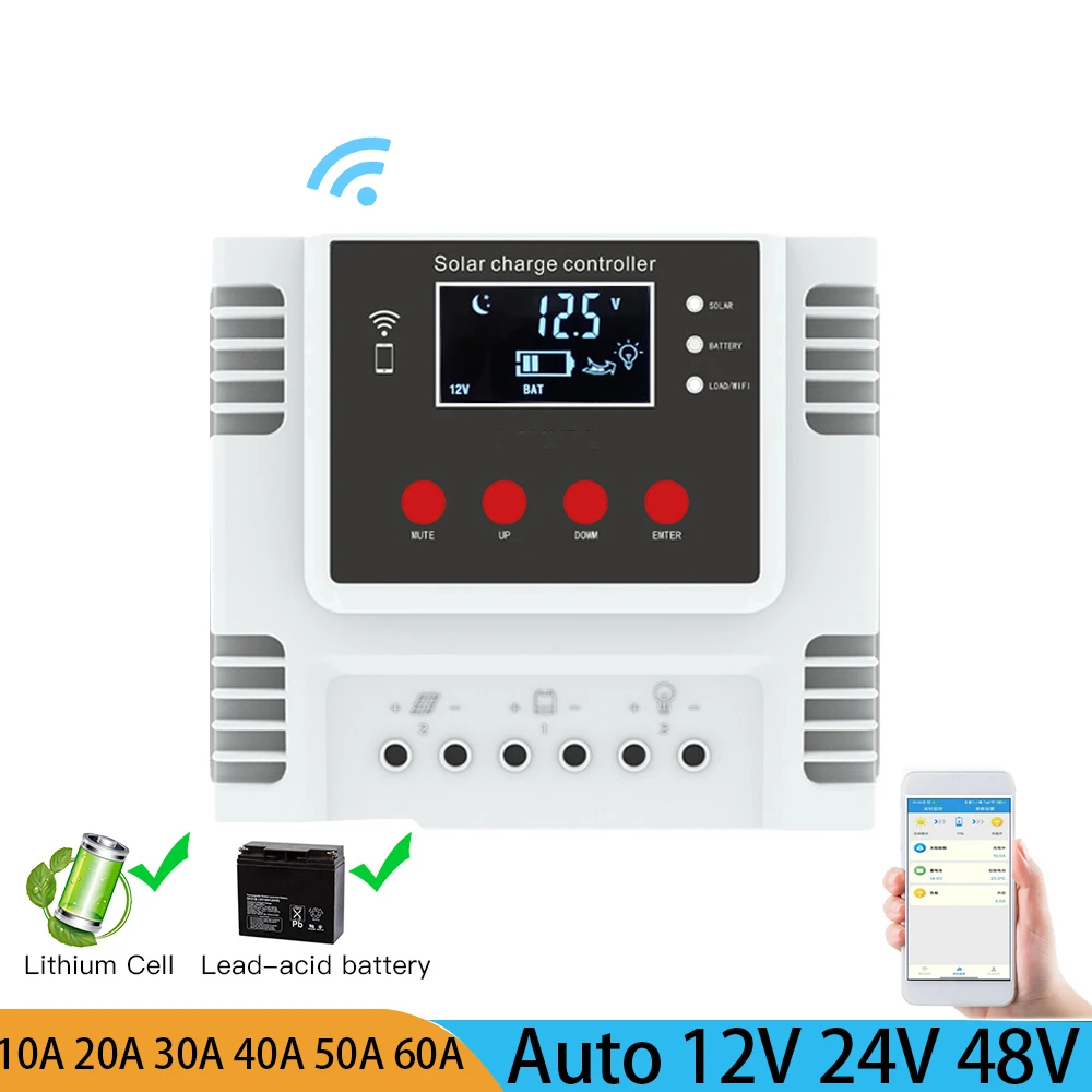 

PWM 10A 20A 30A 40A 60A Solar Panel Battery Charge Controller 12V 24V 48V PV Regulator 100VDC input For Lifepop4 GEL Lead Acid