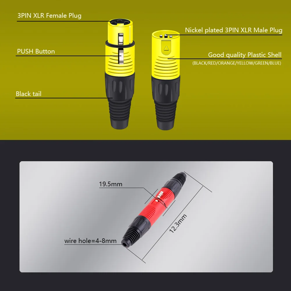 4pcs Plastic shell 3Pins XLR Male/Female Plug Wire Connectors for Audio Microphone/MIC, High quality,cable size up to 6.0mm